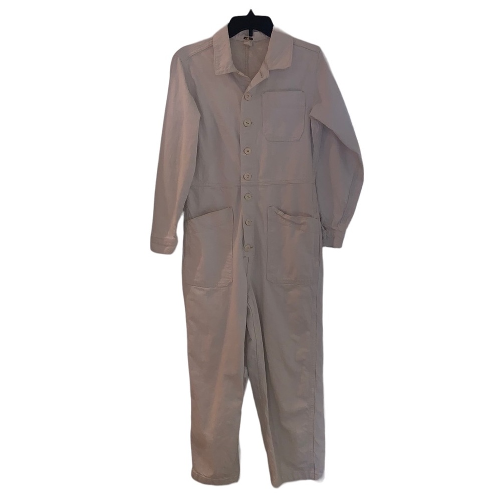 Free People Beige Linen And Cotton Cropped Button Down Jumpsuit Size Small